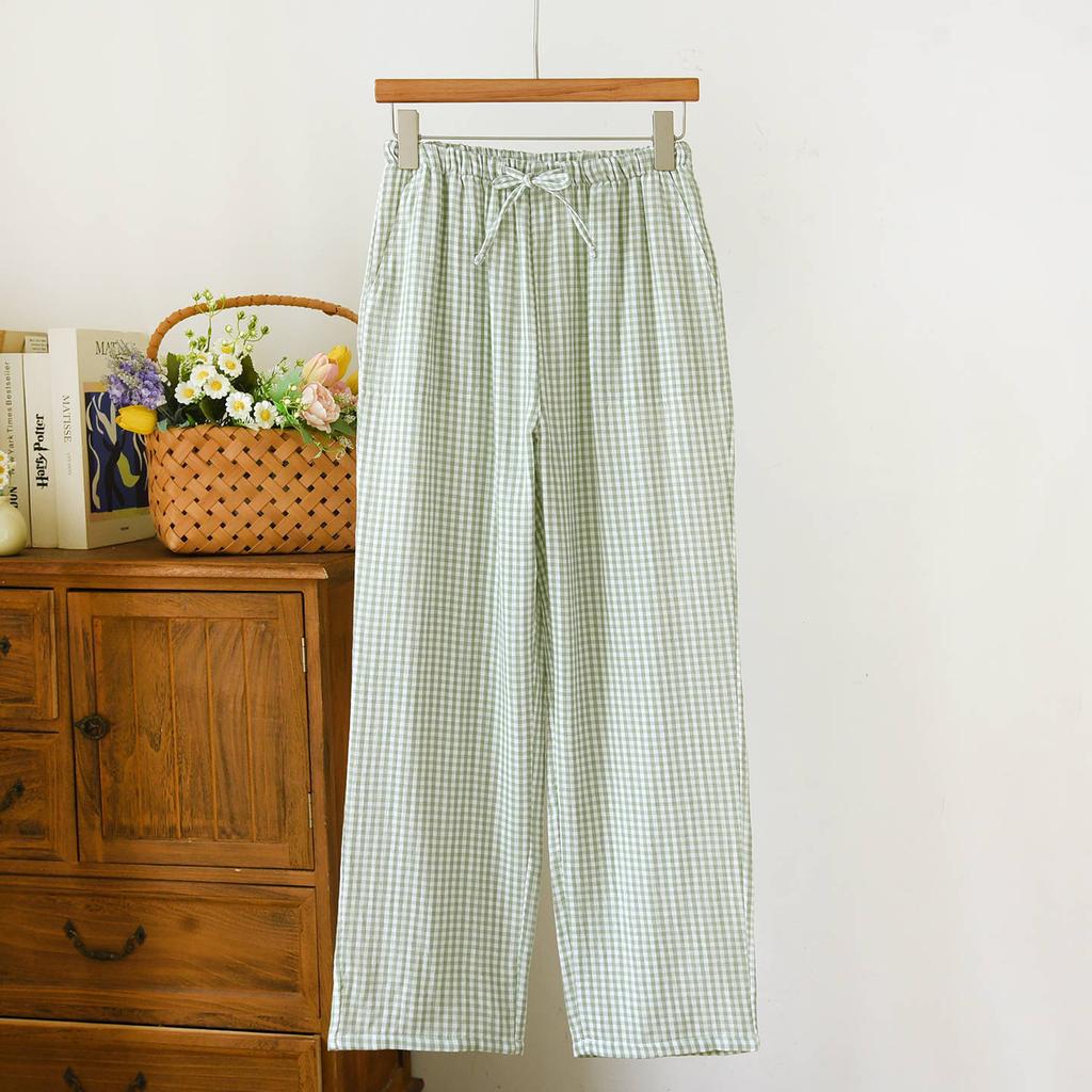 2026 New Spring/Summer Couple Sleeper Pants 100% Cotton Gauze and Women's Pants Simple Checkered Thin Home Pants