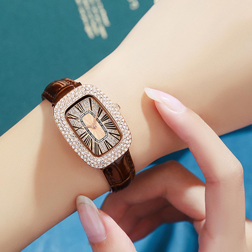 Women's Elegant Diamond-Set Star Dial Leather Strap Quartz Watch, Model A09269