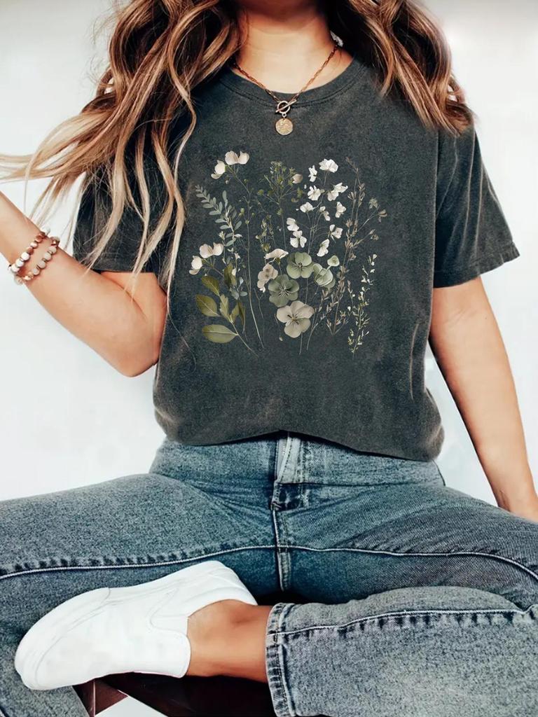 Damen Sommer T-Shirt mit Blumenmuster, Rundhalsausschnitt, kurzen Ärmeln