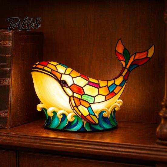 Kids Room Night Light Stained Glass Whale Light, USB Multicolor Table Lamp, Bedroom Ambiance Decorative LED Desk for Home Office Lamp
