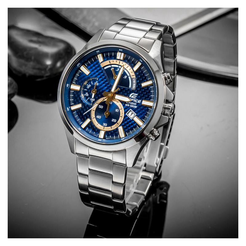 Casio EDIFICE Series Waterproof and Versatile Quartz Movement Stainless Steel Strap Japanese and Korean Watch Men's Watch Blue Dial EFV-530D-2A