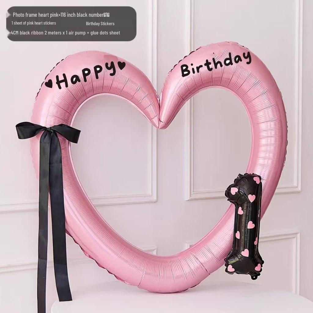 Pink Big Heart Photo Frame Balloon - Aluminum Film Birthday Decoration for Children's Party, First Birthday Photo Props