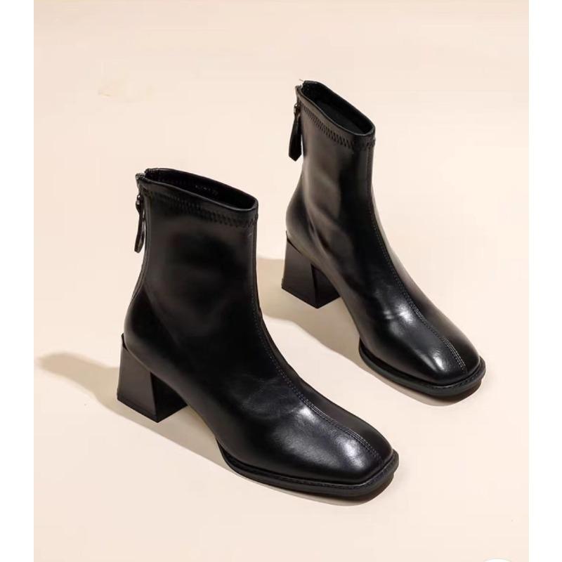 New Style Women's Thick Heel Medium Heels Boots Women's Winter Square Toe Back Zipper Increased Casual Short Boots Zapatos Mujer