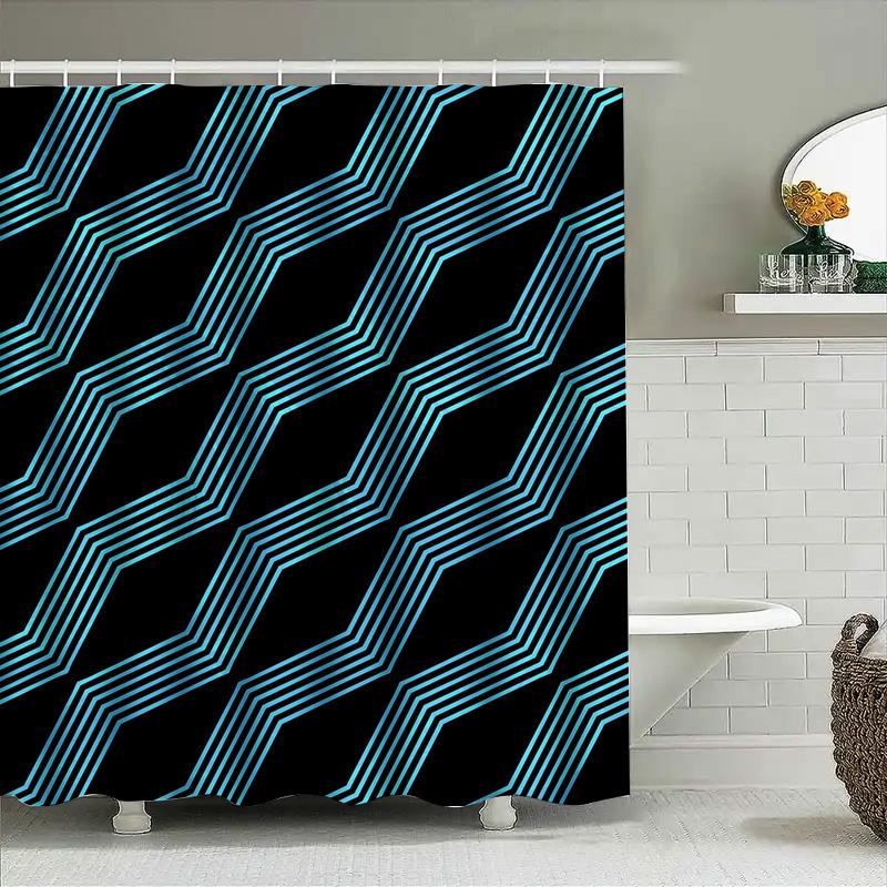 Modern Lines Shower Curtain Blue Black Geometric Pattern Waterproof Fabric For Bathroom Decor (59X72 Inches)
