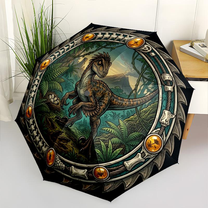 Prehistoric Dinosaur Emblem pattern umbrella, portable and foldable design, 8 ribs, a casual accessory for Halloween, Christmas, and birthday gifts.