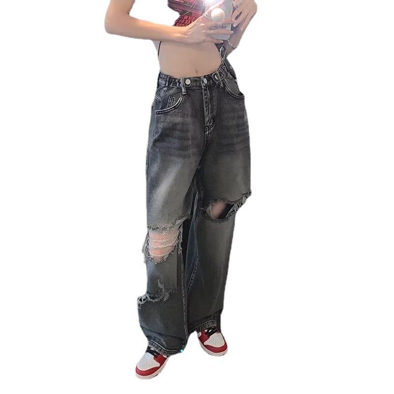 Retro High-waisted Broken Holes Plus Size Jeans Women's Spring and  Autumn Loose Straight Wide-leg Pants Design Sense Drag Pants