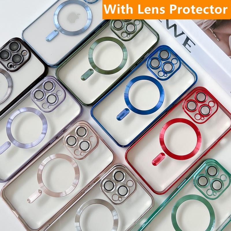 For Magsafe Magnetic Clear Camera Lens Protector Case For iPhone 14 13 12 11 Pro Max X XR XS Plating Wireless Charging Cover