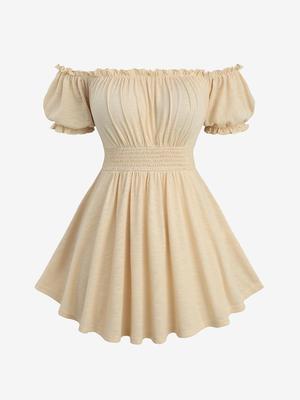 Rosegal Plus Size Cold Shoulder Puff Sleeves Ruched Bust Elastic Waist Top with Removable Shoulder Strap