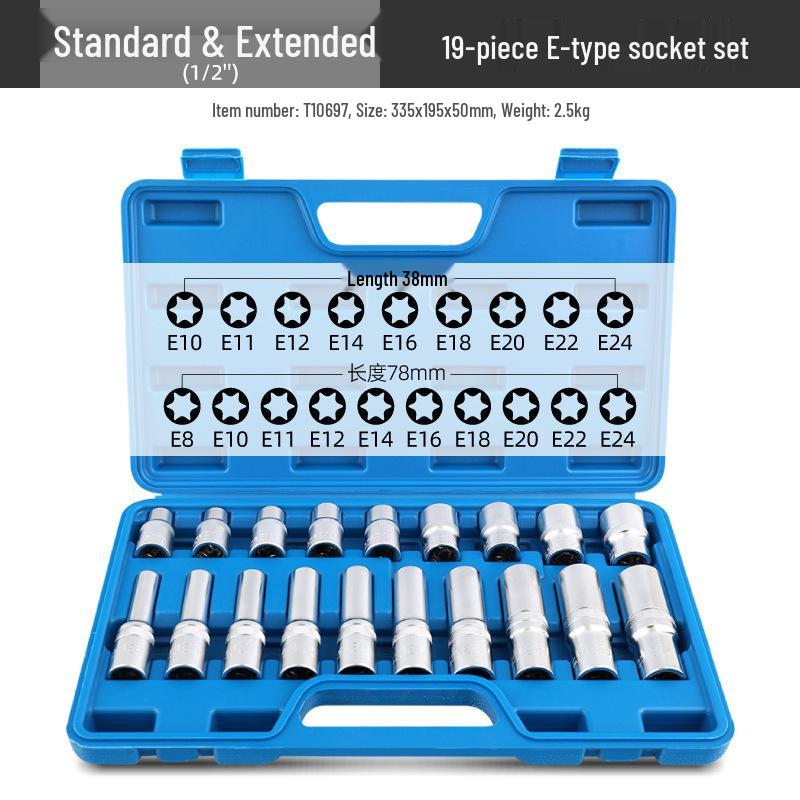 19-teiliges verlängertes E-Typ Torx-Steckschlüsselsatz mit 1/2-Zoll-Antrieb und Innenverzahnung
