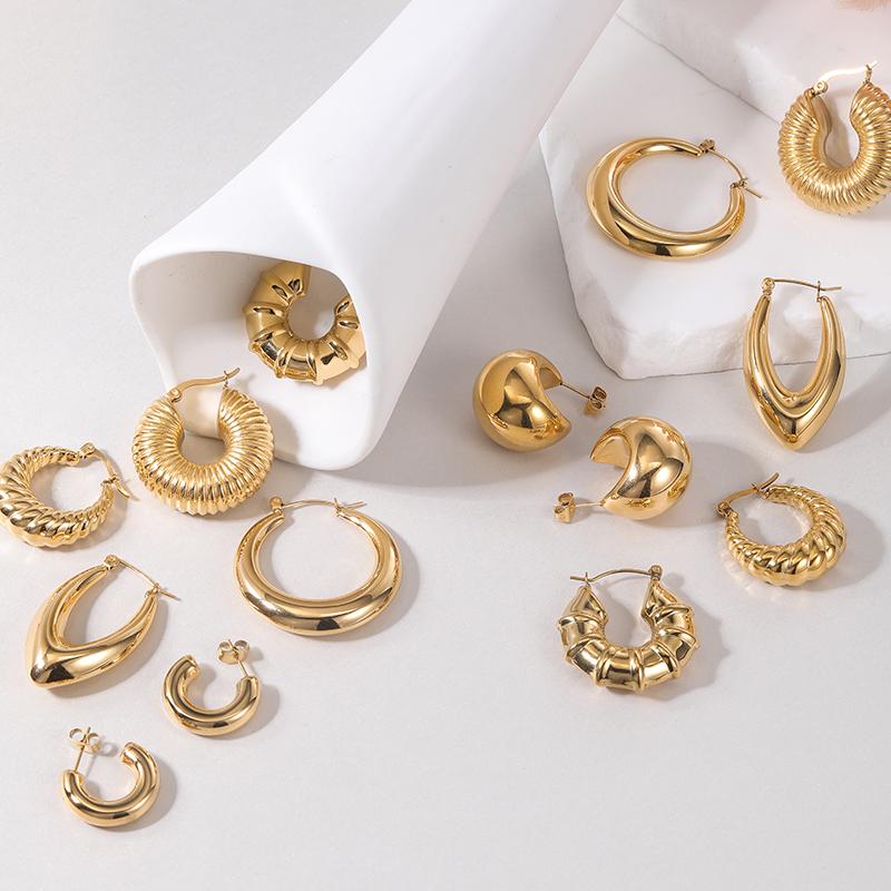 POENNIS Stainless Steel Geometric Trendy Huggie Chunky Hoops Statement Earrings Anti-Tarnish 18K Gold Plated
