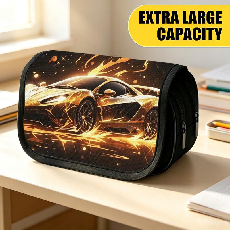 Double Layer Large Pencil Case, Vibrant Printed Pencil Pouch with Golden Lightning Sports Car Design, Fashion Storage Bag, Portable Pencil Case with Z