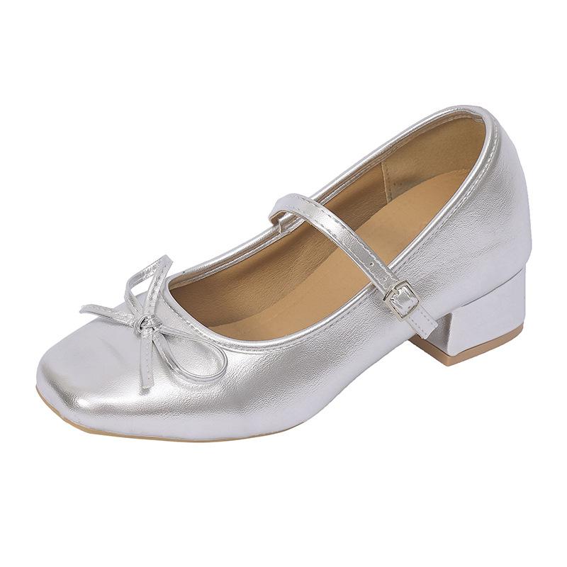 Pink satin bow high-heeled Mary Jane shoes, women's new super foreign thick heel soft-soled ballet single shoes