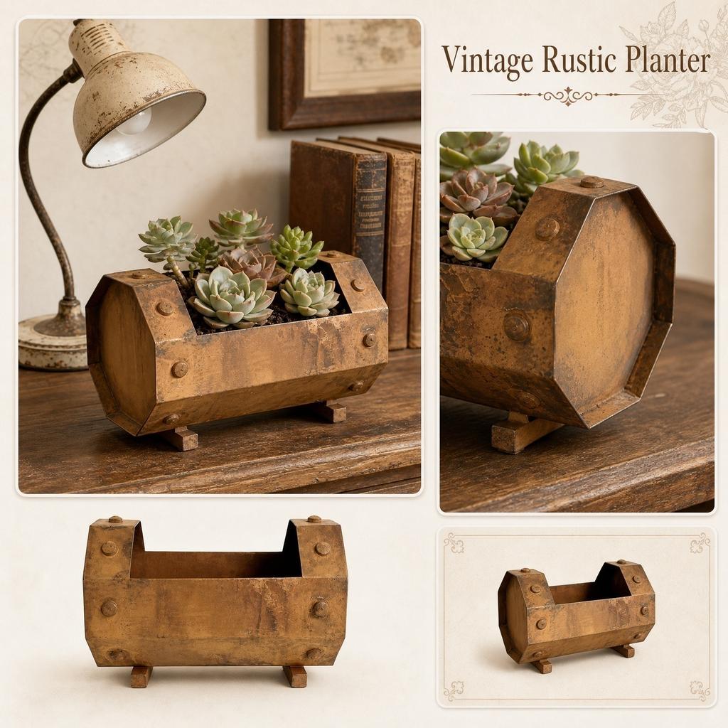 Vintage Style Indoor Outdoor Succulent Planter Tank Shape Metal Container Rustic Decorative Flower Pot for Home Garden Patio