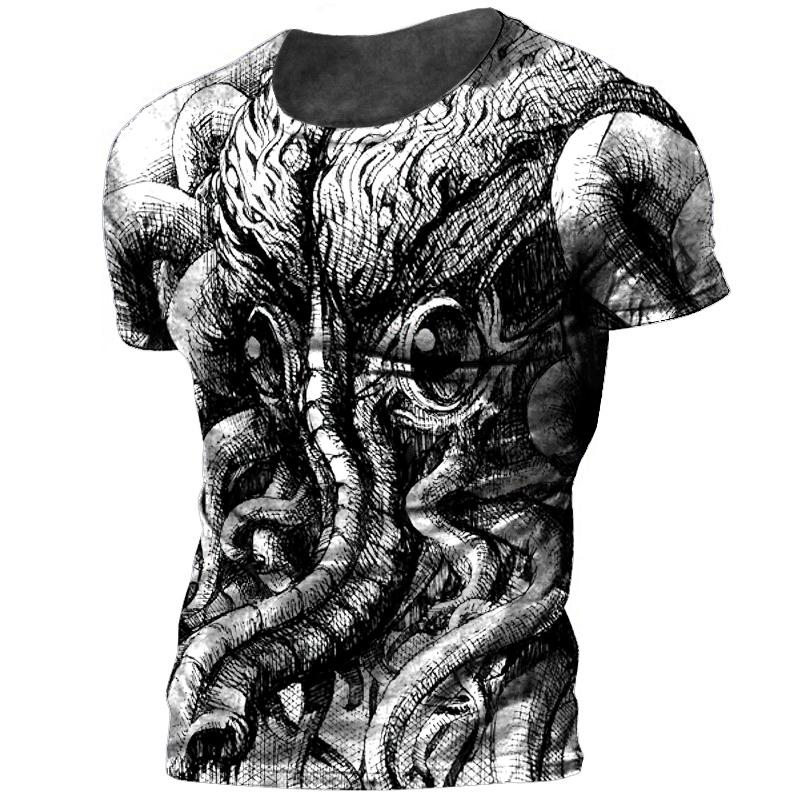 Şık erkek tişört Cthulhu Efsane 3D Baskı Terör Canavar Büyük Boy O-Boyun Üst Yaz Moda Rahat Günlük Nefes Alabilen Kumaş