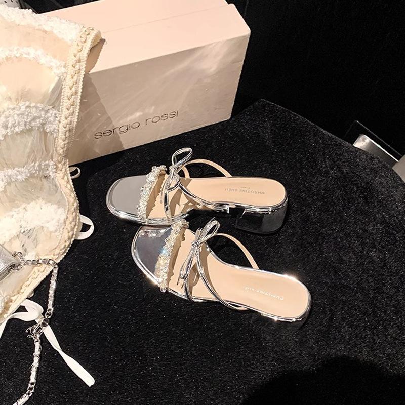 

Хрустальная бабочка~ Стразы на шлепанцах на толстом каблуке женские сандалии для ужина женские летние 34