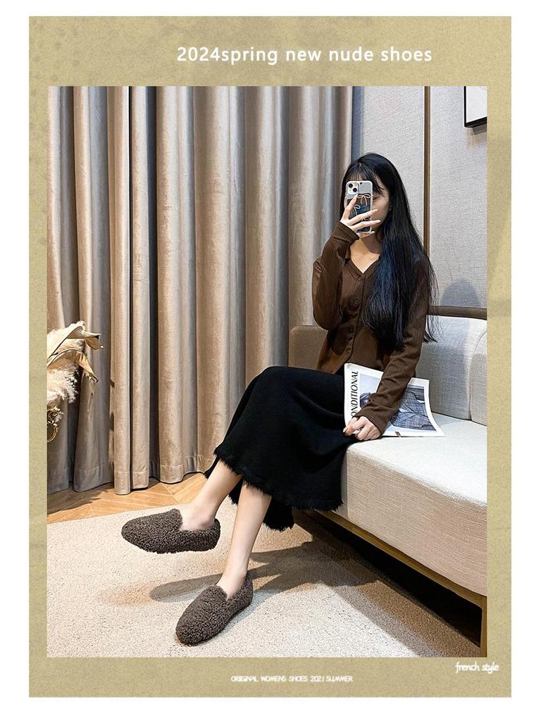 2025 Women's Fuzzy Autumn/Winter Velvet Lambswool Loafers, Large Sizes 41-43.