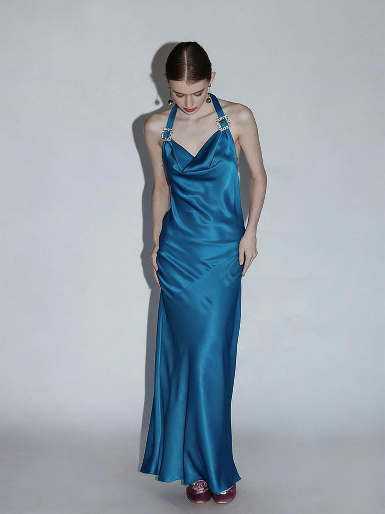 Elegant Acetate Halter Neck Dress with Crystal Buckle