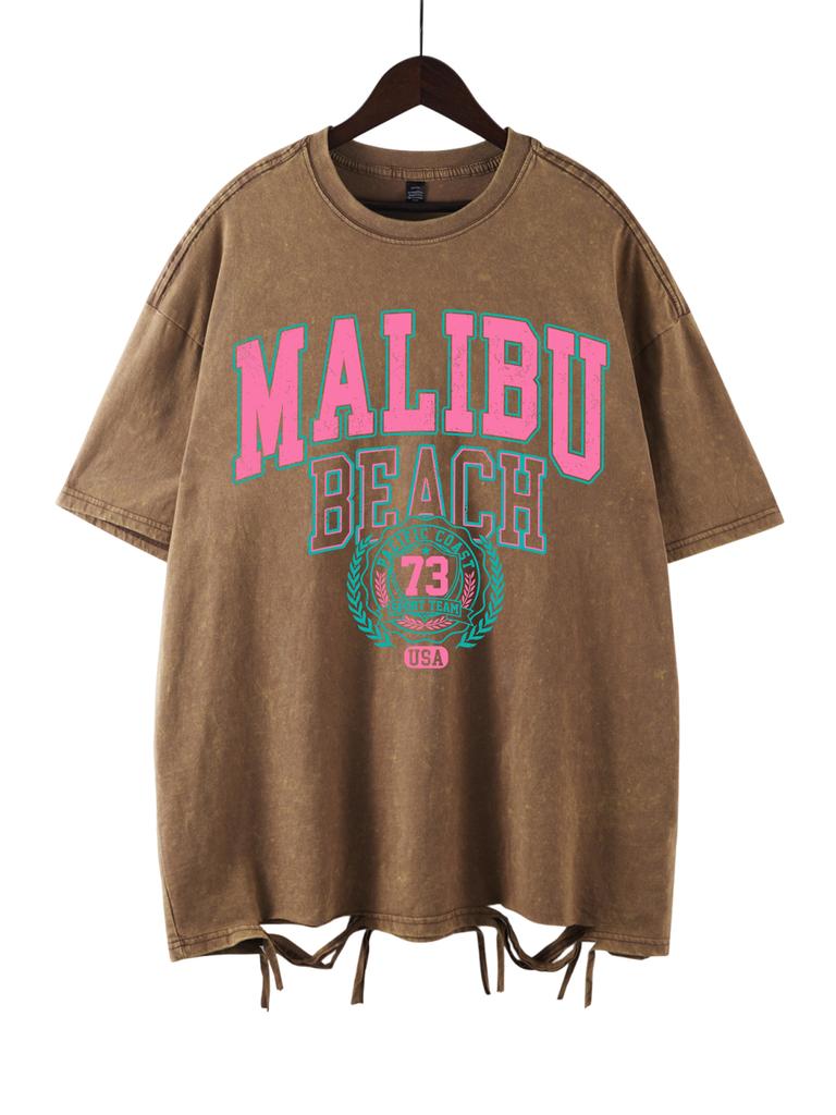 Malibu Beach Letter Prints Washed TShirt Cotton Women Oversized T Shirt Casual ONeck Short Sleeve Tops New Woman Clothes