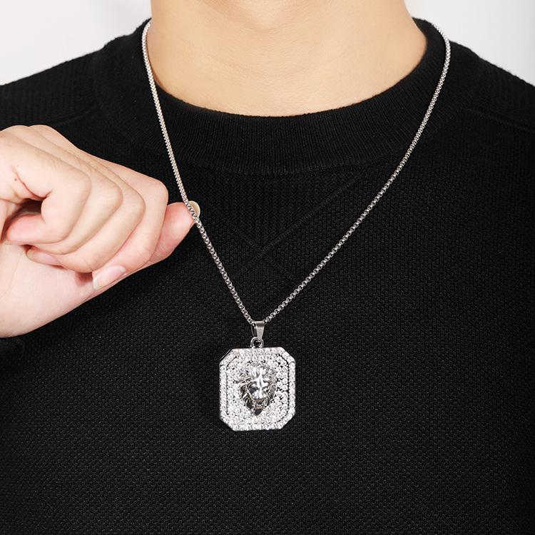 2025 Fashionable European & American Hip Hop Lion Head Necklace with Full Diamond Square Pendant
