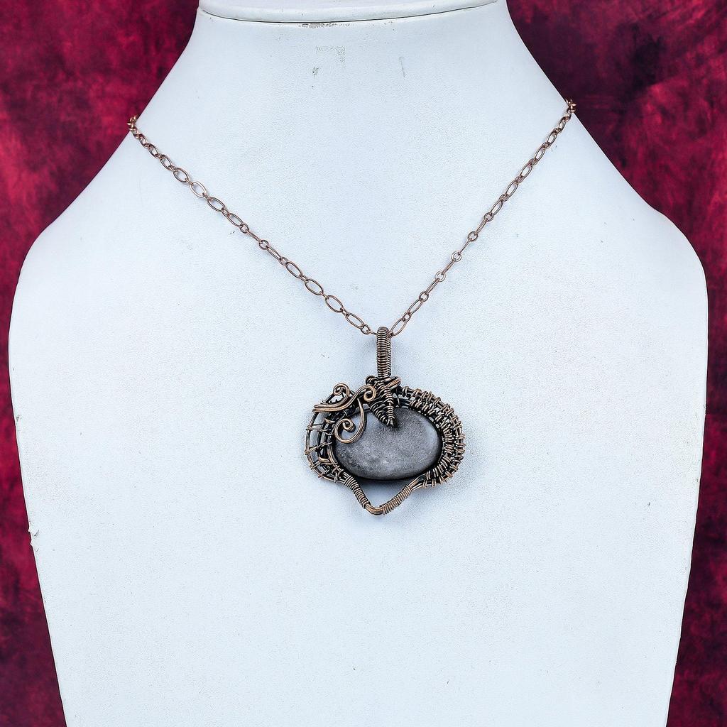 Silver Sheen Obsidian Pendant Copper Wire Wrapped Unique Jewelry Gemstone Pendant