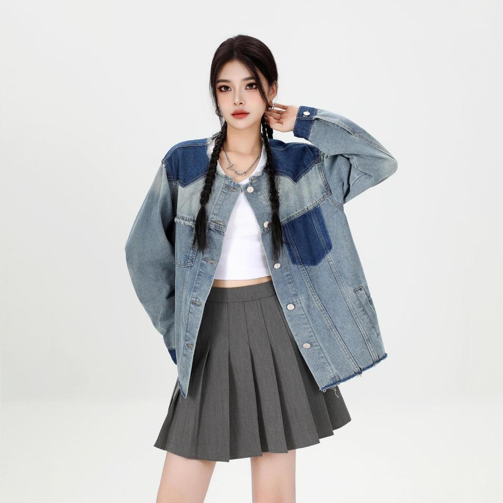 Damska kurtka raglanowa z denimu w stylu retro - Wczesnojesienna codzienna góra w blokach kolorystycznych