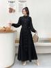 New vintage palace-style long-sleeve, stand collar, waist-cinching, slimming A-line hollow-out single-breasted dress is excellent