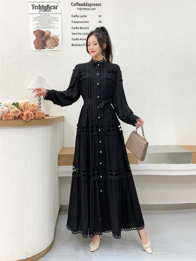 New vintage palace-style long-sleeve, stand collar, waist-cinching, slimming A-line hollow-out single-breasted dress is excellent