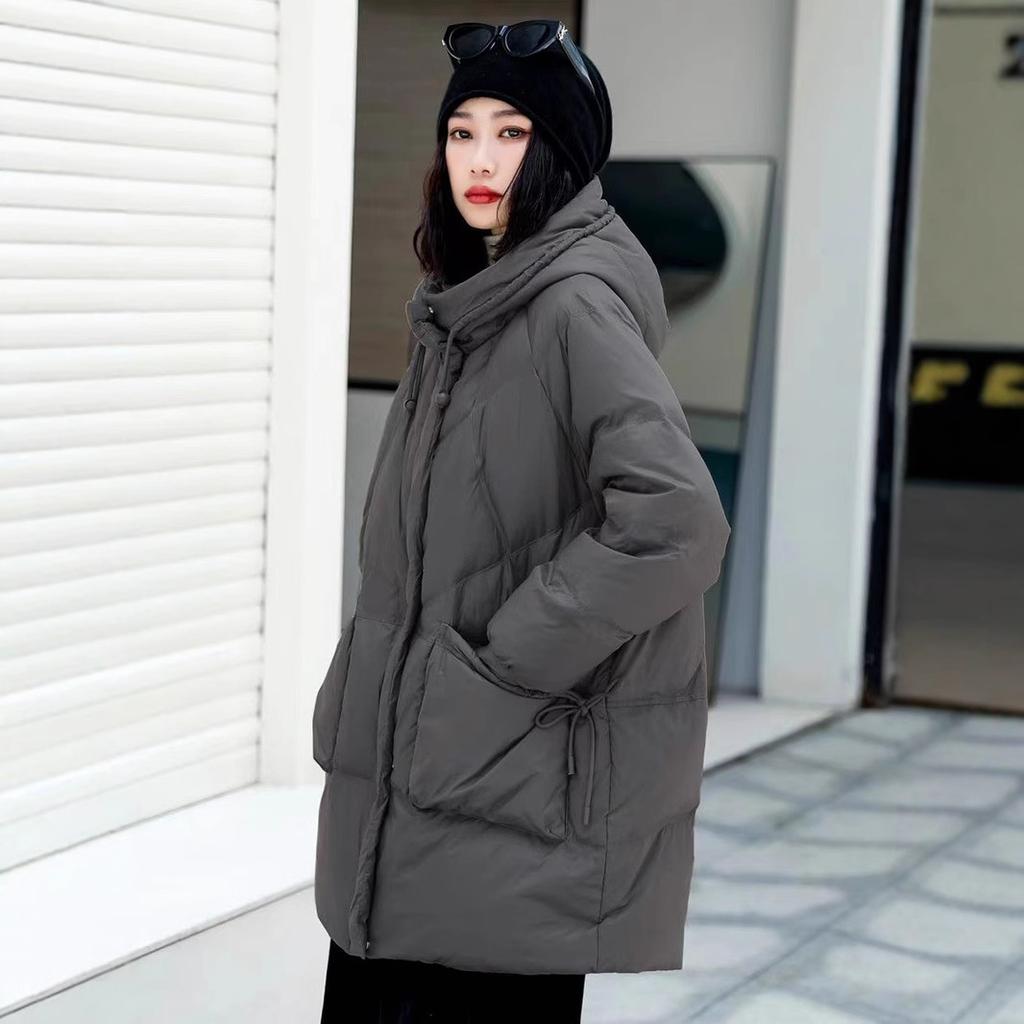 High-end Large-size Down Jacket Women's Winter New Hooded Medium and Long Loose and Thin White Duck Down Big Pocket Coat