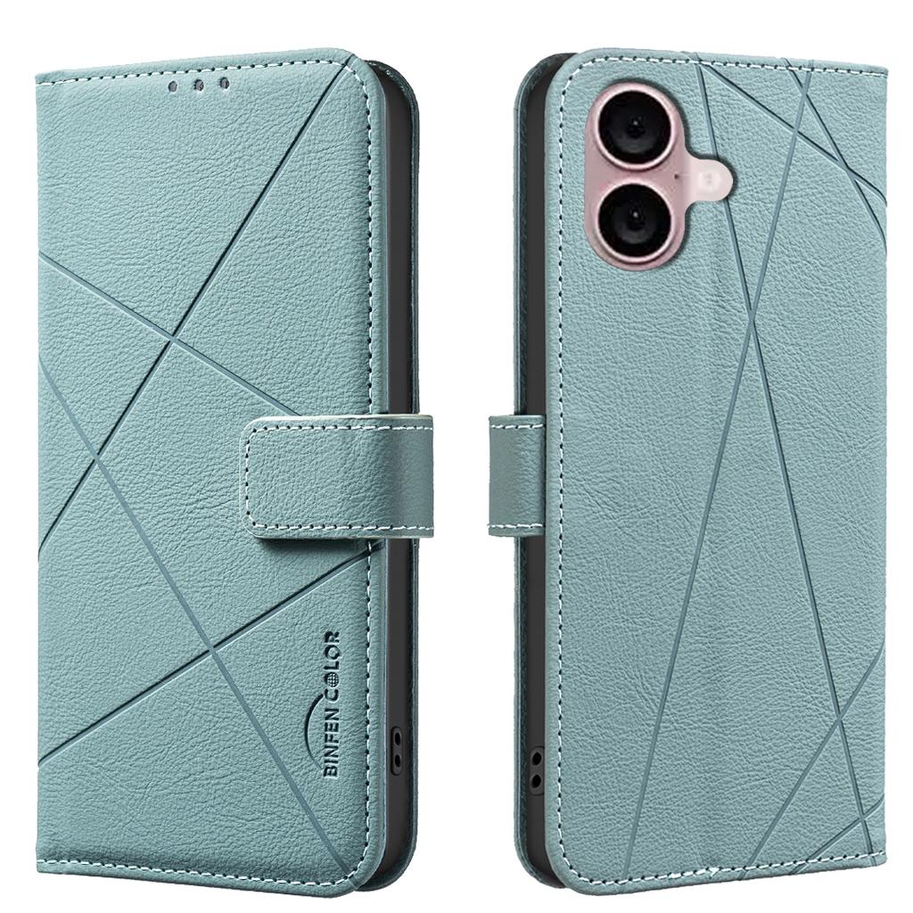 For iPhone 16 Plus Case BINFEN COLOR BF35 Geometry Imprinted Leather Phone Cover RFID Blocking Wallet Stand