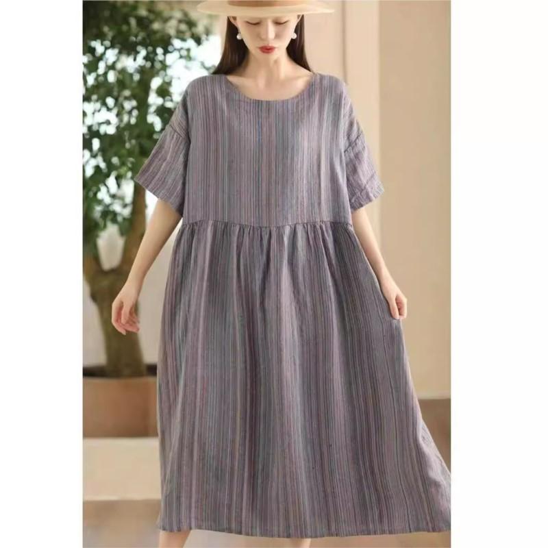 Johnature Women Vintage Striped Dress O-Neck Short Sleeve Robes Summer High Waist Women A-Line Dress