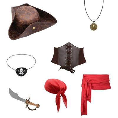 Cariban Style Pirate Costume Set 7PCS Hat With Headscarf Practical Design Halloween Accessory For Cosplay Enthusiasts