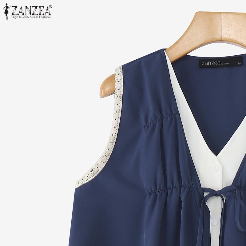 ZANZEA Women V Neck Sleeveless Fake Two-piece Buttons Up Pleated Casual Tank Tops