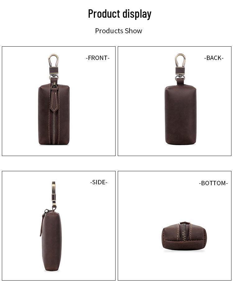 Vintage Crazy Horse Leather Key Case with Zipper and Hanging Buckle, Genuine Retro Cowhide.