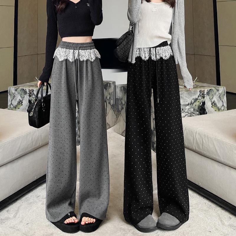 

Women s Black Polka Dot Lace Trim Wide-Leg High-Waist Sporty Sweatpants (2025) XL (116-125 jin)