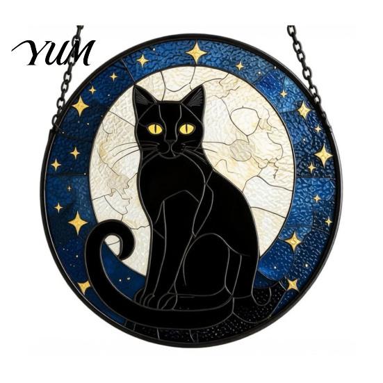 Unique Birthday Gift for Her Halloween Moon Black Cat Suncatcher Jigsaw Puzzle, 2D Acrylic Mystical Feline Window Hanging Tiffany Style Light
