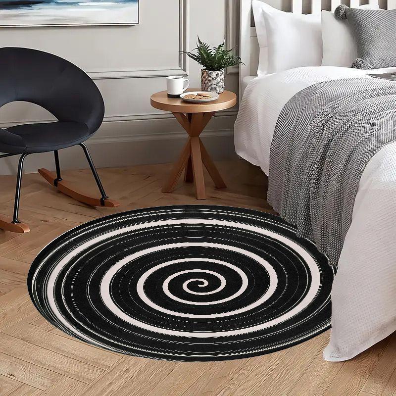 Black White Spiral Round Rug Modern Minimalist Flannel Floor Mat for Living Room Study Area Geometric Non Slip Washable Carpet