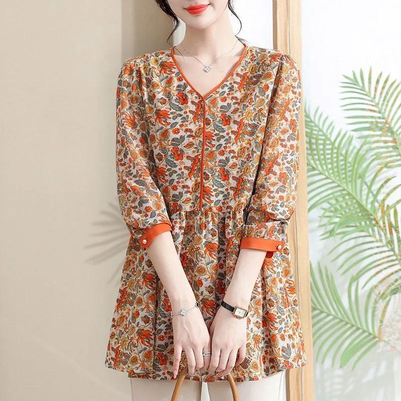 Womens Orange Floral Print V Neck Long Sleeve Blouse