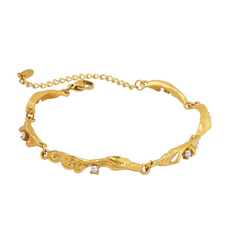 Irregular Inlaid Zircon Titanium Steel Bracelet with 18K Gold Plating