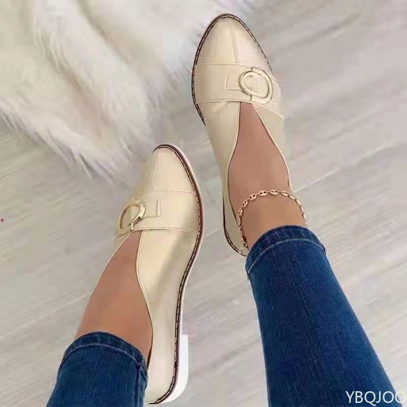 Flat Bottomed Low Top Women's Shoes European American Size Pointed Metal Buckle Design Shallow Mouth Sleeve Foot Women's Single