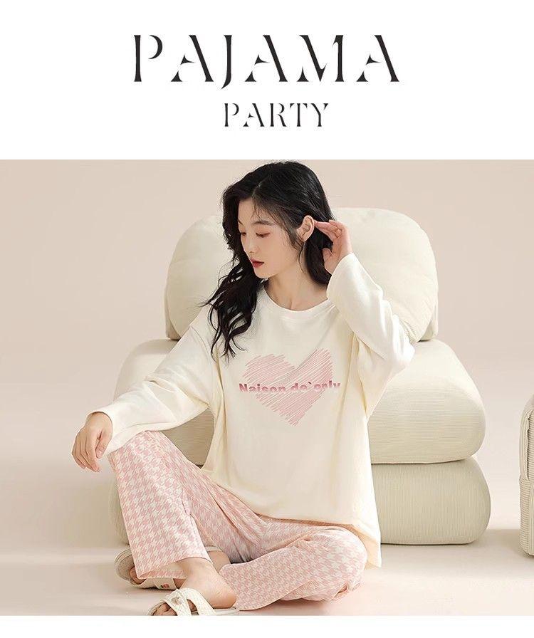 Women's Korean Style Cartoon Long Sleeve Casual Home Set with Chest Pads