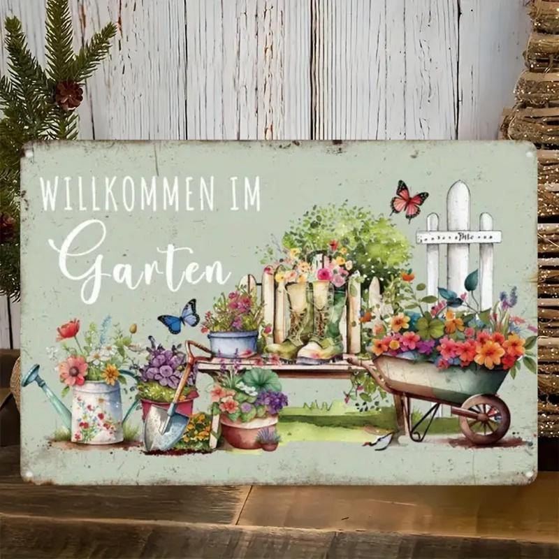 Vintage Willkommen Im Garten German Garden Metal Tin Sign Wall Decor HD Printed Tin Plate Artwork for Home Outdoor Patio Cotta 20x30cm(7.8x11.8inch)