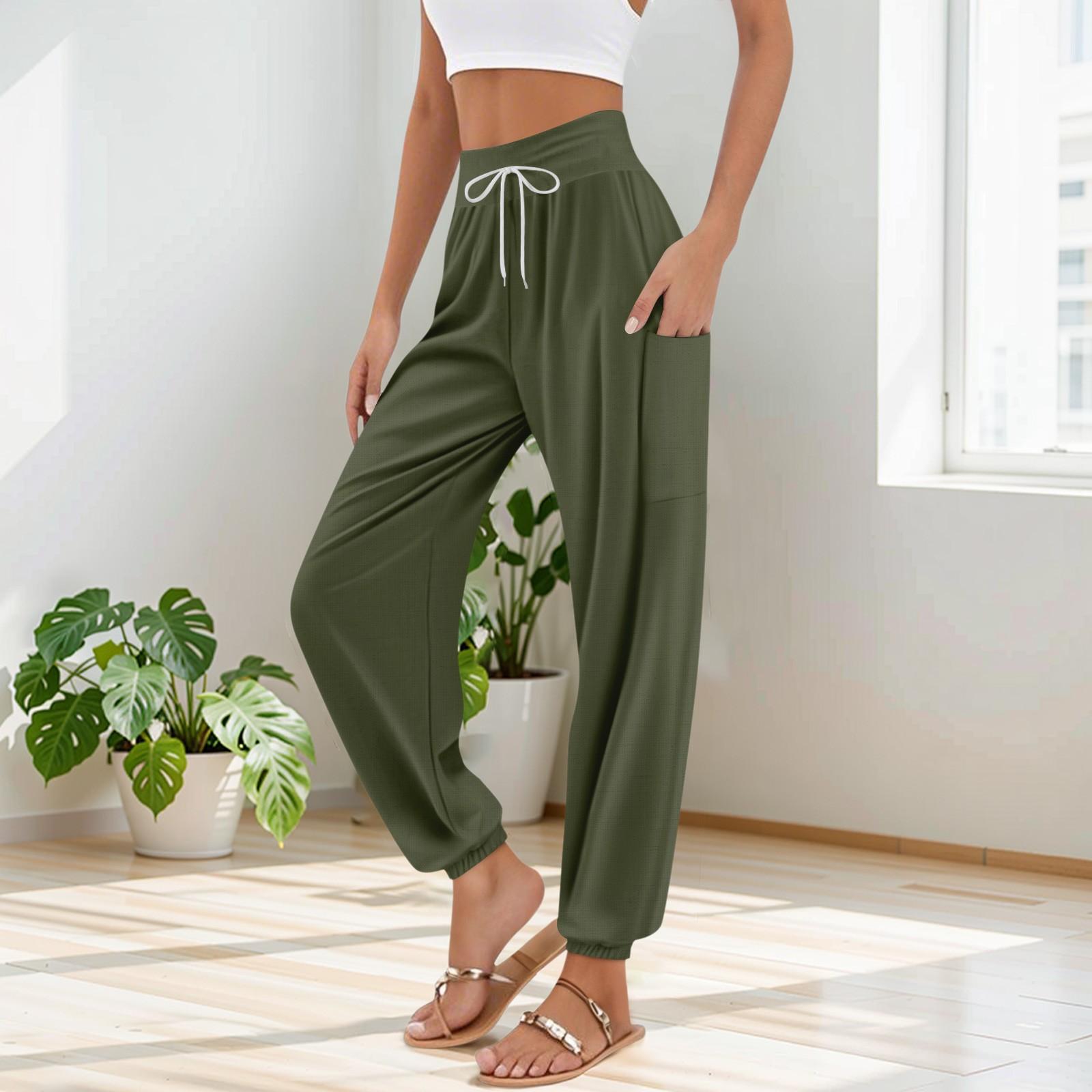 Women s Pocket Drawstring Trousers High Waist Yoga Bohemian Color Casual Pants S
