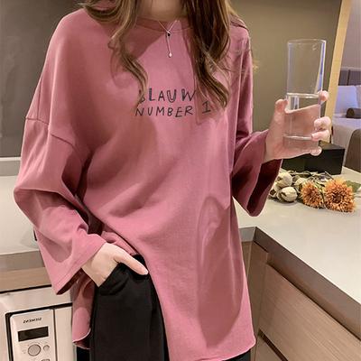 Mid-length Large-size Letter Printed Long-sleeved T-shirt for Women In Autumn Loose Slit Bottoming Shirt Autumn and Winter Korean Women's Clothing