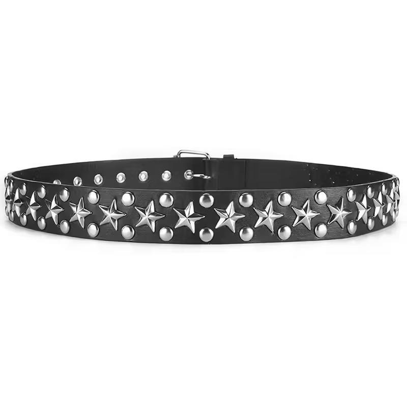 1Pcs Casual Punk Star Rivet Belt Y2K Fashion Black PU Metal Pentagram Rivet Belts Gothic Jeans Skirts Versatile Women Girls Waist Belts