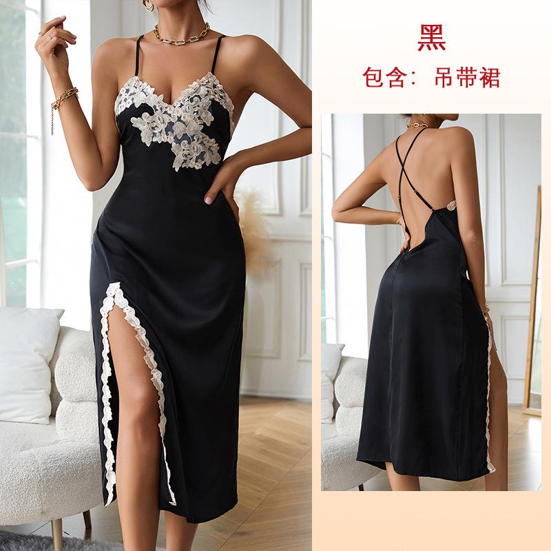 Simulation silk pajamas women s lace sexy V-neck long split suspender pajamas loungewear 629 S