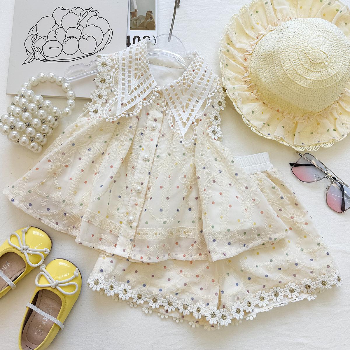 Summer Girls Lace Collar Embroidered Vest And Ruffled Shorts Princess Two Piece Set Outfit 90cm