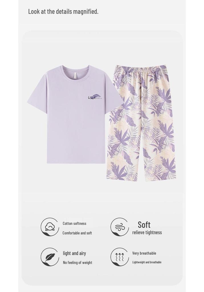 Women's Summer Pajama Set: Thin Modal Cotton Silk, Short Sleeve, Seven-Point Pants, Casual Wear.