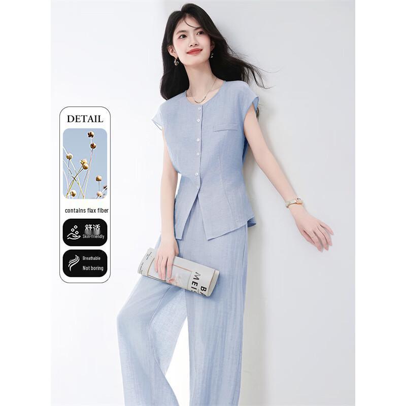 Women s Linen Blend Sleeveless Wide-Leg Pants Set L