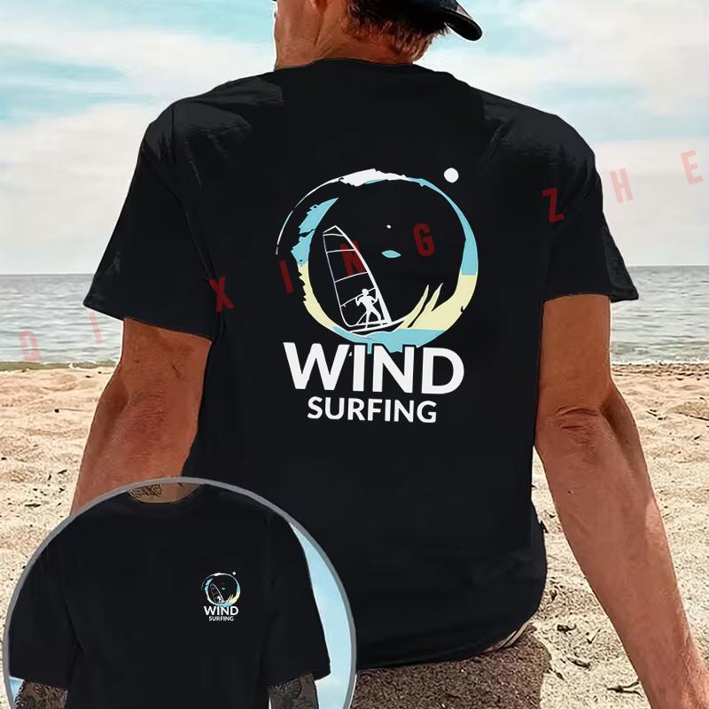 Blue and Yellow WIND SURFING graphic motorcycle T-Shirt Cotton Double-Sided Print Men‘s Casual