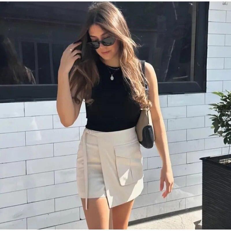 

Белоснежная асимметричная тонкая юбка трапециевидной формы, женские летние 2023, уличные мини-юбки с карманами, женские повседневные коктейльные нижние юбки на шнуровке